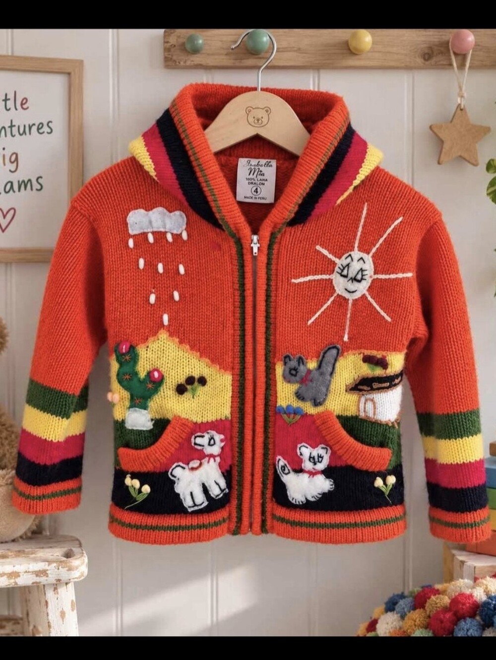 Isabella Mia Peruvian Folk Art 3D Animal Zip Hoodie Cardigan Red Multicolor